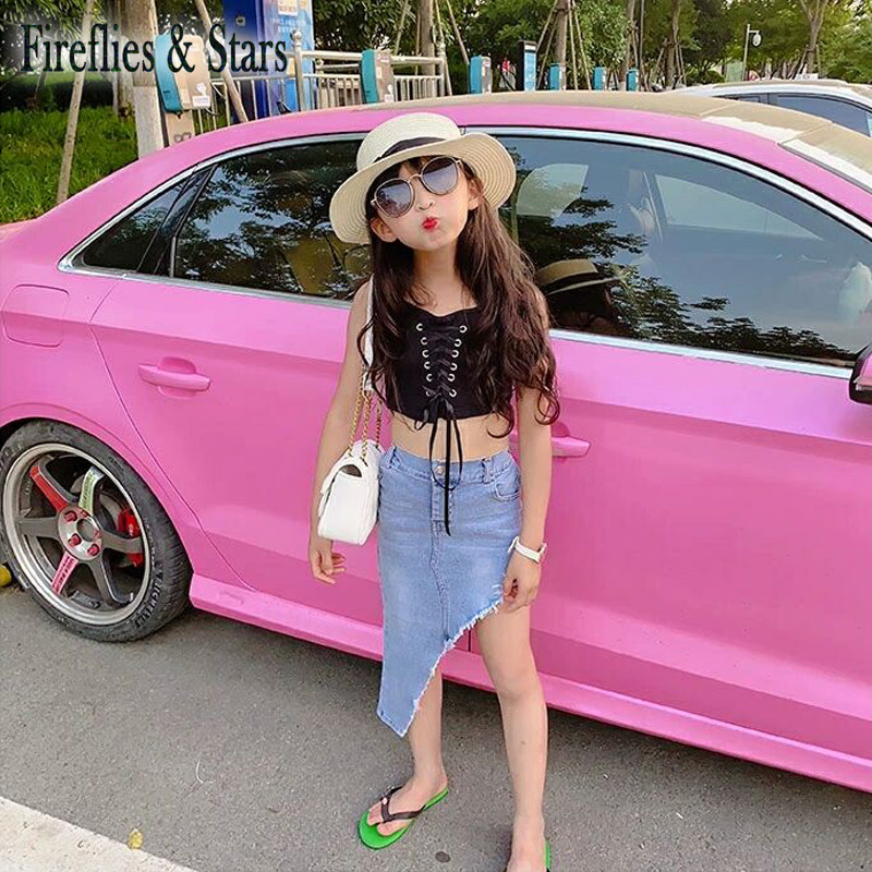 tavaszi nyár lányok farmer szoknya baba csípő szoknya gyerekek divatszoknya gyermek alsó utcai ruha szabálytalan oldalvágás 4-11 éves korig