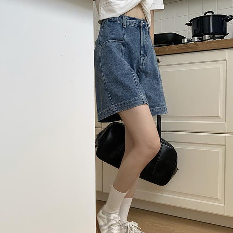 Moteriški džinsiniai šortai Solidūs vintažiniai iki kelių, sujungti dizaino mados laisvalaikis Bf stiliaus gatvės apranga High Street Šaunūs paauglių drabužiai