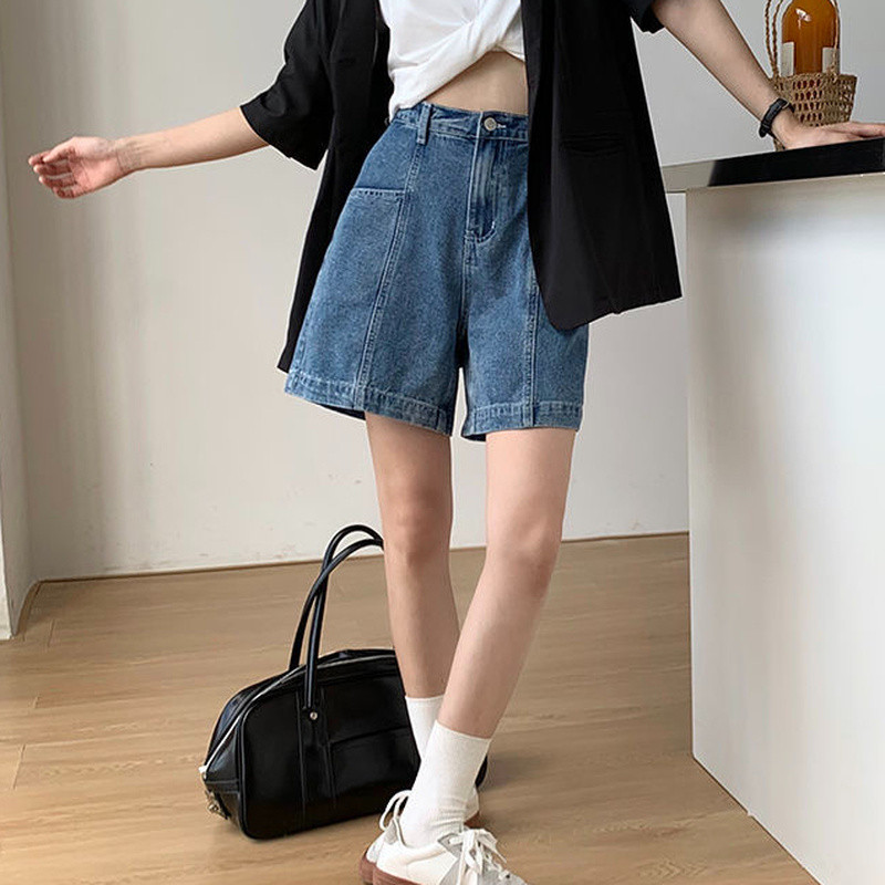 Moteriški džinsiniai šortai Solidūs vintažiniai iki kelių, sujungti dizaino mados laisvalaikis Bf stiliaus gatvės apranga High Street Šaunūs paauglių drabužiai