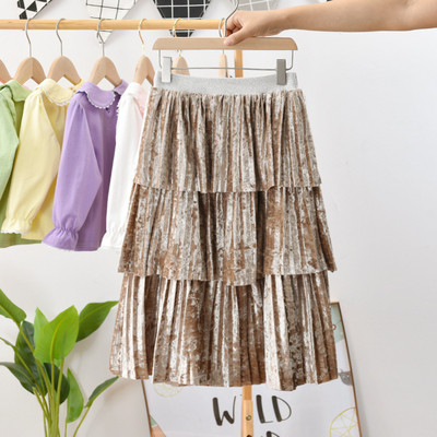 Réteges hosszú szoknya gyerek lány ruházathoz koreai stílusú baba kisgyermek nagy iskolai rakott maxi szoknya bársony kiszélesedő szoknya nyári ruha
