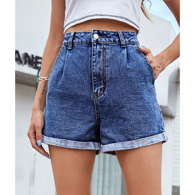 Benuynffy Solid, magas derekú, egyenes farmer rövidnadrág, női, 2022-es nyári, hétköznapi utcai viselet, női, zsebre hengerelt farmer rövidnadrág
