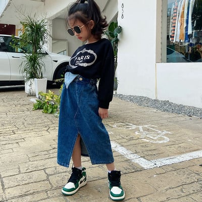 aukštu juosmeniu mergaitei džinsai sijonas suskaldytas netaisyklingas juodas priekyje atviras madingi vintažiniai mažylio džinsiniai midi sijonai nuo 3 iki 14m