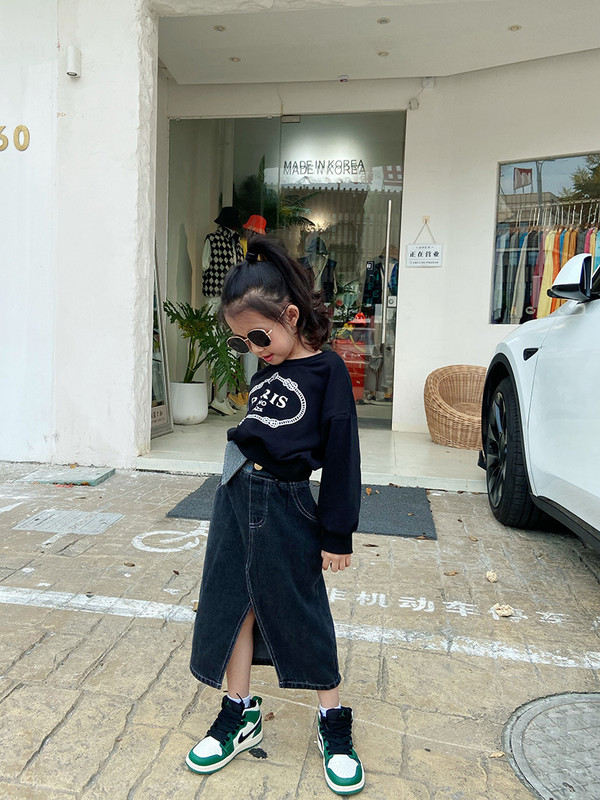 aukštu juosmeniu mergaitei džinsai sijonas suskaldytas netaisyklingas juodas priekyje atviras madingi vintažiniai mažylio džinsiniai midi sijonai nuo 3 iki 14m