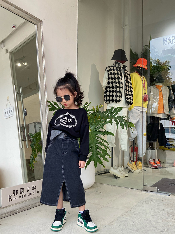 aukštu juosmeniu mergaitei džinsai sijonas suskaldytas netaisyklingas juodas priekyje atviras madingi vintažiniai mažylio džinsiniai midi sijonai nuo 3 iki 14m