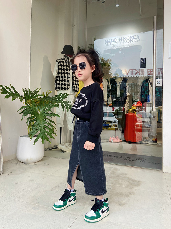 aukštu juosmeniu mergaitei džinsai sijonas suskaldytas netaisyklingas juodas priekyje atviras madingi vintažiniai mažylio džinsiniai midi sijonai nuo 3 iki 14m