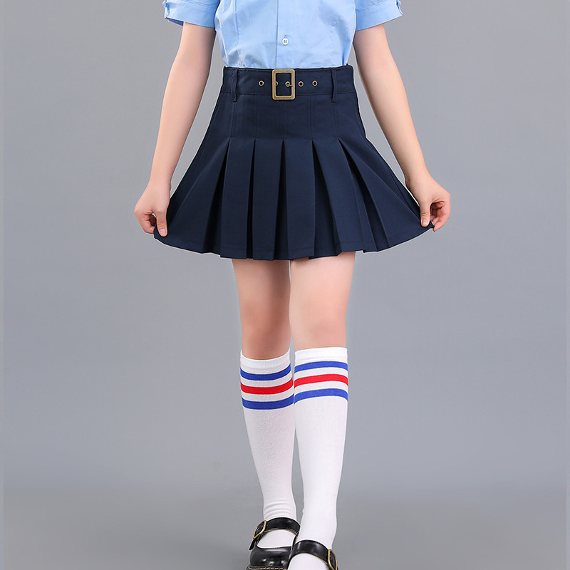 Mergaičių vaikiški uniforminiai paspirtuko sijonai pavasario vasaros atgal į mokyklą trumpas sijonas studentams chaki tamsiai mėlynos spalvos klostuotu sijonu apačioje