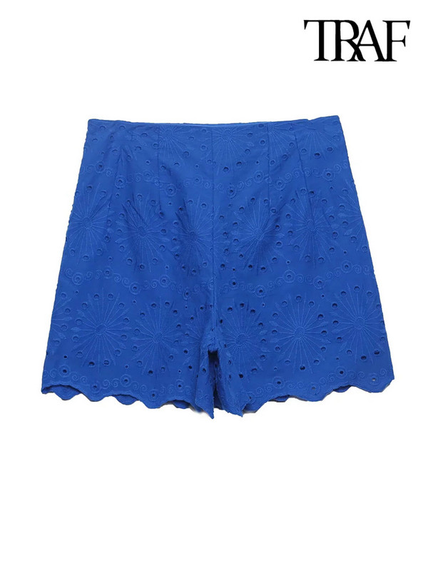 TRAF Moterų mada su iškirptais siuvinėjimais šortai Vintažiniai aukšto juosmens užtrauktukai moteriškos trumpos kelnės Mujer