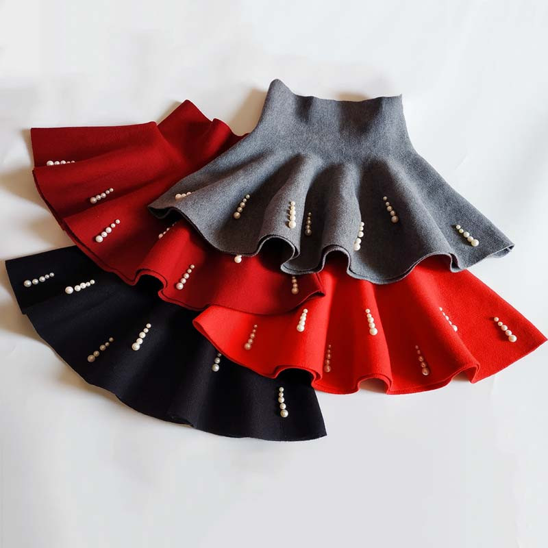 2022-es új őszi, téli lányruhák alkalmi kötött mini redőzött szoknya Gyöngyök hercegnős szoknyák lányoknak 6-14 éves korig gyerekruhák