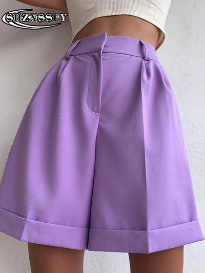 Moteriški šortai su aukštu juosmeniu kišenė su užtrauktuku medvilniniai laisvalaikio moteriški vasariniai šortai Laisvi madingi kostiumai su šortais Tvirti moteriški šortai