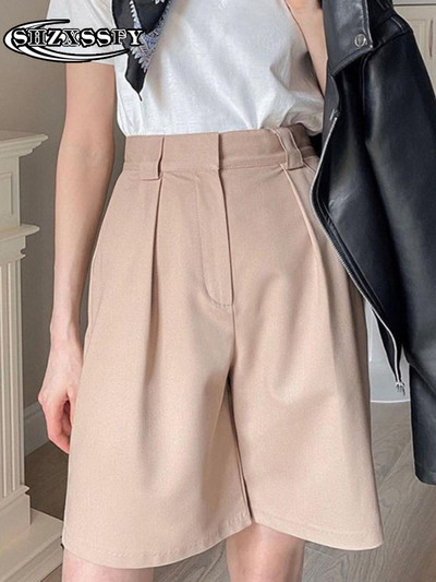 Moteriški šortai su aukštu juosmeniu kišenė su užtrauktuku medvilniniai laisvalaikio moteriški vasariniai šortai Laisvi madingi kostiumai su šortais Tvirti moteriški šortai