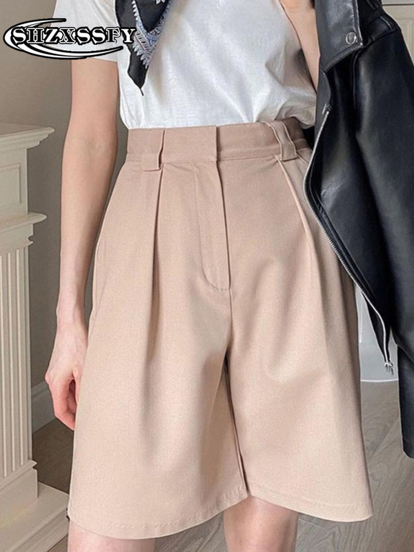 Moteriški šortai su aukštu juosmeniu kišenė su užtrauktuku medvilniniai laisvalaikio moteriški vasariniai šortai Laisvi madingi kostiumai su šortais Tvirti moteriški šortai