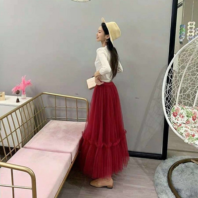 Fuste din tul până la glezne Bordeaux pentru femei, studente, talie elastică, fustă tutu umflată, pentru femeie adultă, fustă din plasă de zână