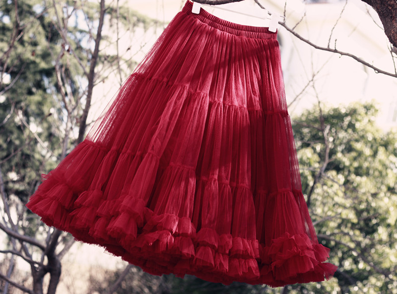 Fuste din tul până la glezne Bordeaux pentru femei, studente, talie elastică, fustă tutu umflată, pentru femeie adultă, fustă din plasă de zână