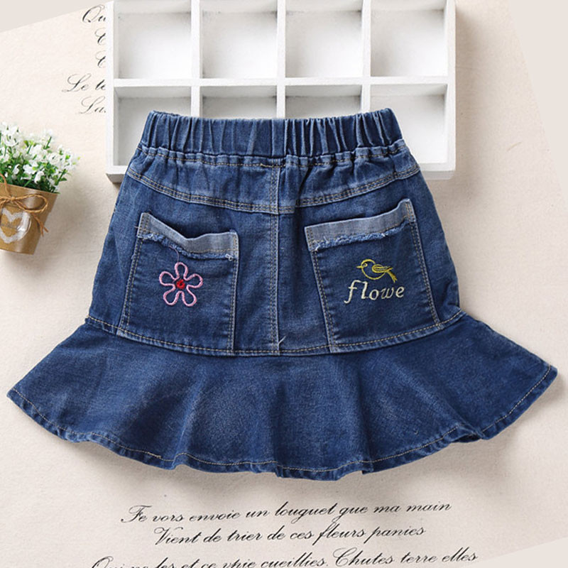 Uued Beebirõivad Tüdrukutele Tutu Denim Seelik Vabaaja laste seelikud Tikitud linnud ja lilled lastele Tüdrukute teksaseelik