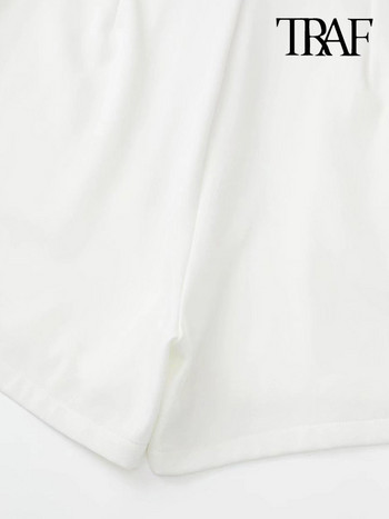 TRAF Γυναικεία Μόδα Μπροστινά Πλισέ Λευκά Σορτς Φούστες Vintage Ψηλόμεση Φερμουάρ Fly Female Skort Mujer