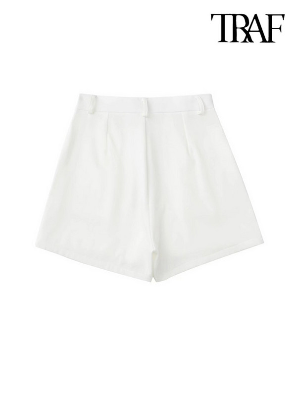 TRAF női divatos elülső redőzött fehér rövidnadrág szoknya Vintage magas derekú cipzáras légy női Skort Mujer