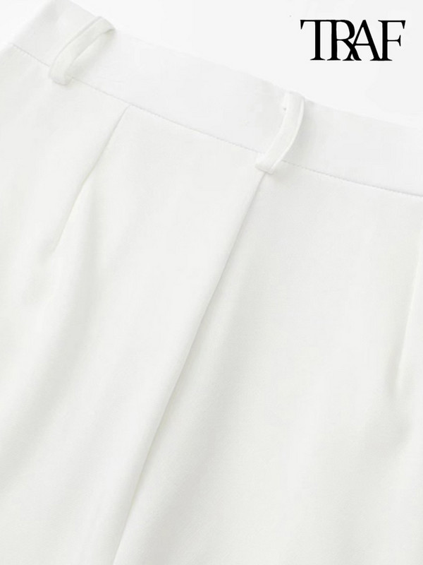 TRAF női divatos elülső redőzött fehér rövidnadrág szoknya Vintage magas derekú cipzáras légy női Skort Mujer