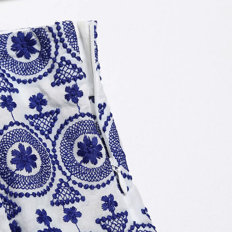 XEASY 2021 új nyári női vintage pamut kék hímzés irodai női nadrág női vékony, magas derekú alkalmi rövidnadrág alsó