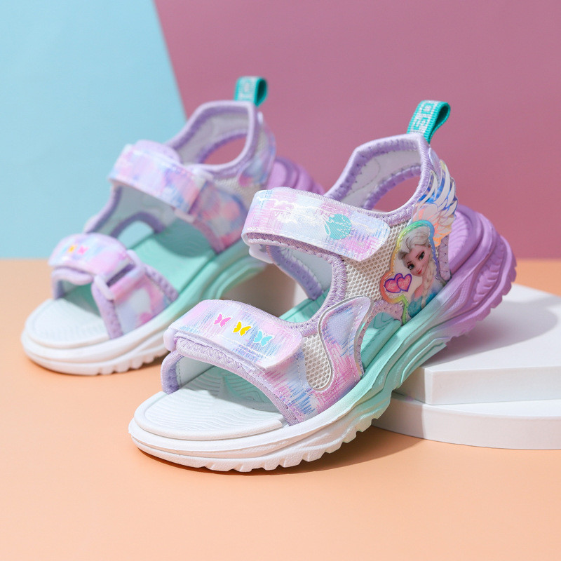 Disney lastejalatsid suvised elsa tüdrukute võrk varvastega sandaalid rannakingad moodsad külmutatud printsess pehme põhjaga led heledad sandaalid
