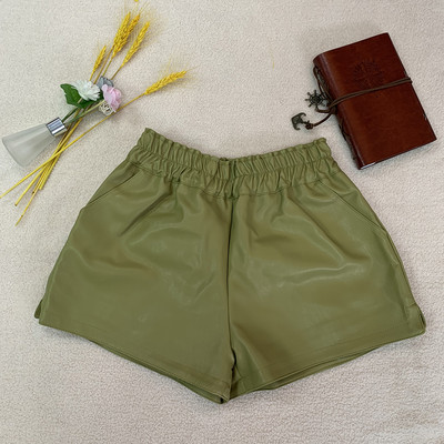 LJSXLS Pantaloni scurți elastici de înaltă calitate, talie înaltă, buzunare late, femei, toamnă, iarnă, coreeană, piele PU, pantaloni scurți casual pentru femei 2021