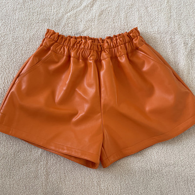 LJSXLS Pantaloni scurți elastici de înaltă calitate, talie înaltă, buzunare late, femei, toamnă, iarnă, coreeană, piele PU, pantaloni scurți casual pentru femei 2021