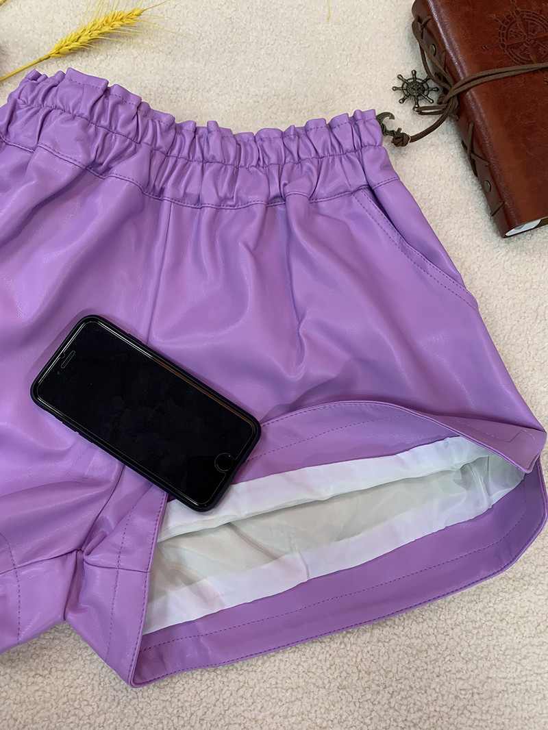 LJSXLS Pantaloni scurți elastici de înaltă calitate, talie înaltă, buzunare late, femei, toamnă, iarnă, coreeană, piele PU, pantaloni scurți casual pentru femei 2021