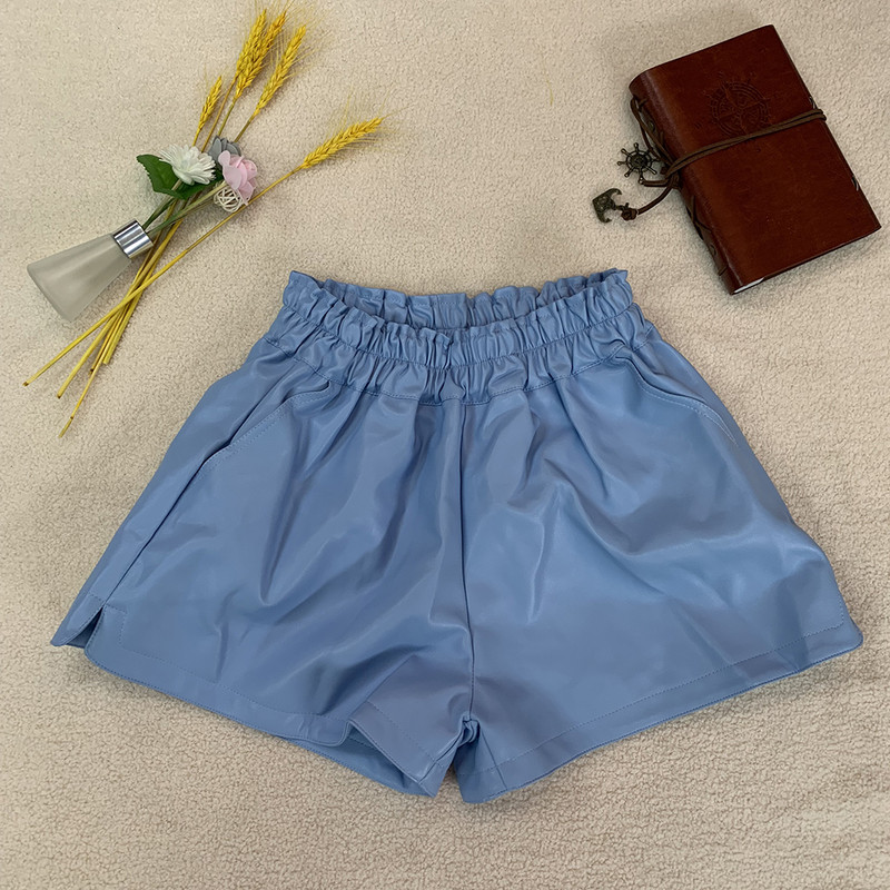 LJSXLS Pantaloni scurți elastici de înaltă calitate, talie înaltă, buzunare late, femei, toamnă, iarnă, coreeană, piele PU, pantaloni scurți casual pentru femei 2021