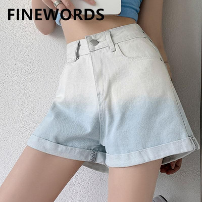 FINEWORDS Gradiento spalva Vasariniai vintažiniai džinsiniai šortai, moteriški korėjietiški laisvalaikio aukštu juosmeniu laisvi trumpi džinsai gatvės drabužiai Seksualūs paplūdimio šortai