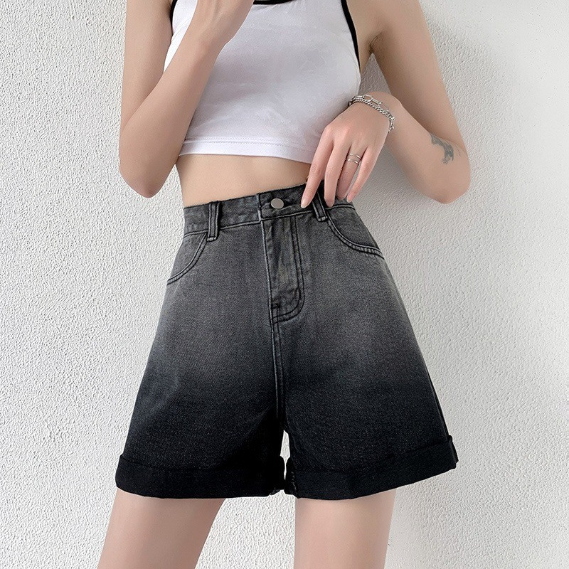 FINEWORDS Gradientvärv Suvised vintage teksapüksid Naiste Korea vabaaja kõrge vöökohaga vaba lühike teksa tänavarõivad Seksikas rannapüks