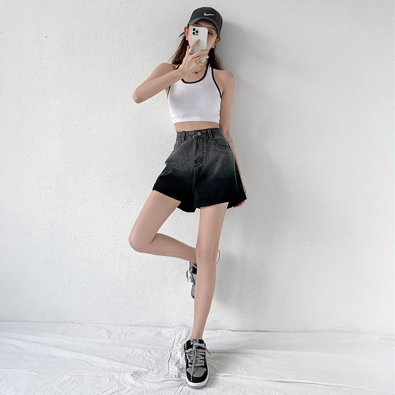 FINEWORDS Gradientvärv Suvised vintage teksapüksid Naiste Korea vabaaja kõrge vöökohaga vaba lühike teksa tänavarõivad Seksikas rannapüks