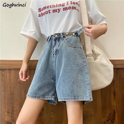 Šortai Moteriški džinsiniai audiniai plačiomis kojomis laisvi vintažiniai 5XL retro spalvos pakoreguoto juosmens mygtukai skalbti Visiems tinkantys gatvės drabužiai Ulzzang vasaros korėjiečių naujiena
