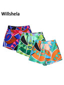 Willshela Fuste cu fermoar lateral imprimate la modă pentru femei Pantaloni scurți vintage cu talie înaltă pentru femei șic pentru damă