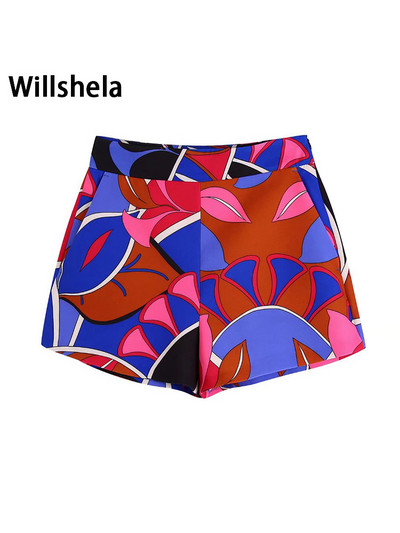 Willshela Fuste cu fermoar lateral imprimate la modă pentru femei Pantaloni scurți vintage cu talie înaltă pentru femei șic pentru damă