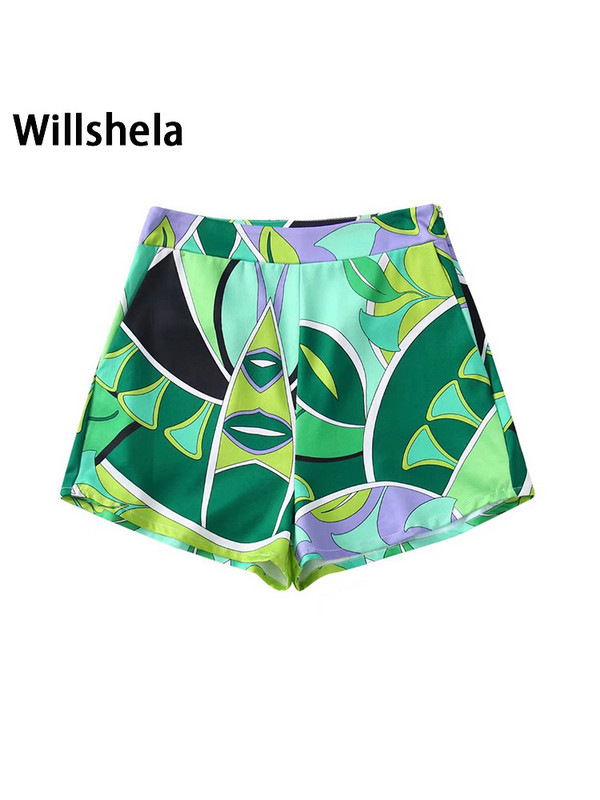 Willshela Fuste cu fermoar lateral imprimate la modă pentru femei Pantaloni scurți vintage cu talie înaltă pentru femei șic pentru damă