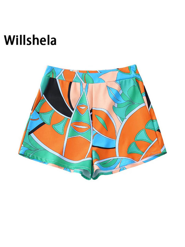 Willshela Fuste cu fermoar lateral imprimate la modă pentru femei Pantaloni scurți vintage cu talie înaltă pentru femei șic pentru damă