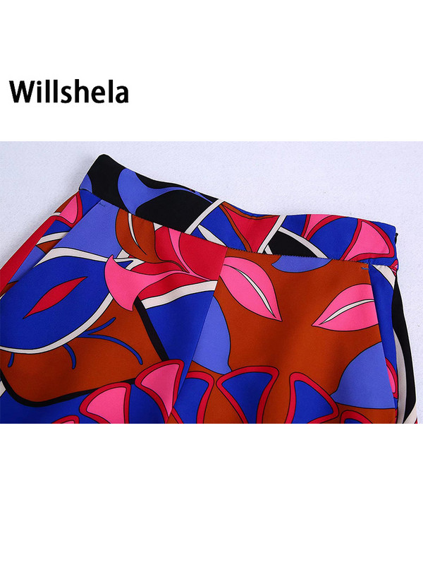Willshela Fuste cu fermoar lateral imprimate la modă pentru femei Pantaloni scurți vintage cu talie înaltă pentru femei șic pentru damă