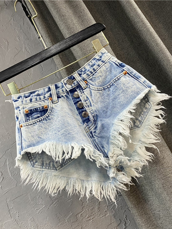 Blugi pentru femei cu talie înaltă, cu un singur sân, Pantaloni scurti fierbinți, cu franjuri, cu picioare late, sexy, pantaloni scurți din denim pentru femei, îmbrăcăminte coreeană de vară