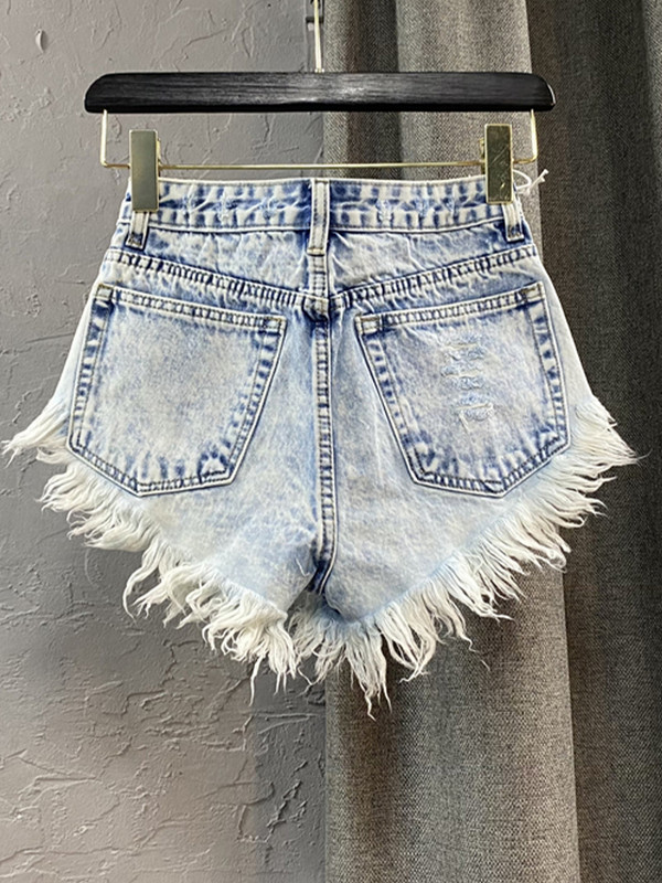 Blugi pentru femei cu talie înaltă, cu un singur sân, Pantaloni scurti fierbinți, cu franjuri, cu picioare late, sexy, pantaloni scurți din denim pentru femei, îmbrăcăminte coreeană de vară