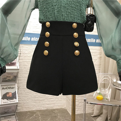 Pavasariniai juodi balti šortai moteriški, laisvalaikio dvieiliai šortai aukštu juosmeniu A linijos plačiomis kojomis moteriški rudeniniai