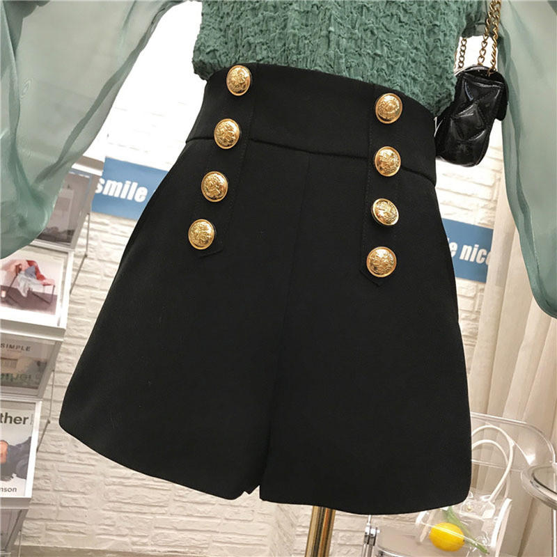 Pavasariniai juodi balti šortai moteriški, laisvalaikio dvieiliai šortai aukštu juosmeniu A linijos plačiomis kojomis moteriški rudeniniai