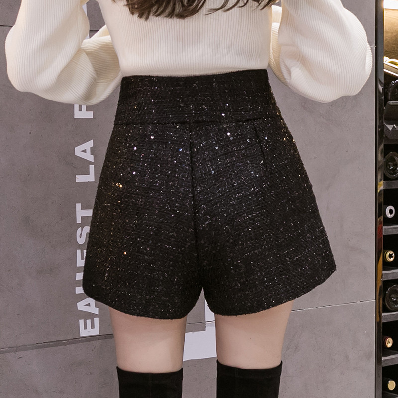 Aukštos kokybės rudeninės naujos moteriškos pavasario žiemos vilnoniai šortai moteriški madingi juodi vientiso rašto aukšto juosmens blizgučiais tvido trumpos kelnės
