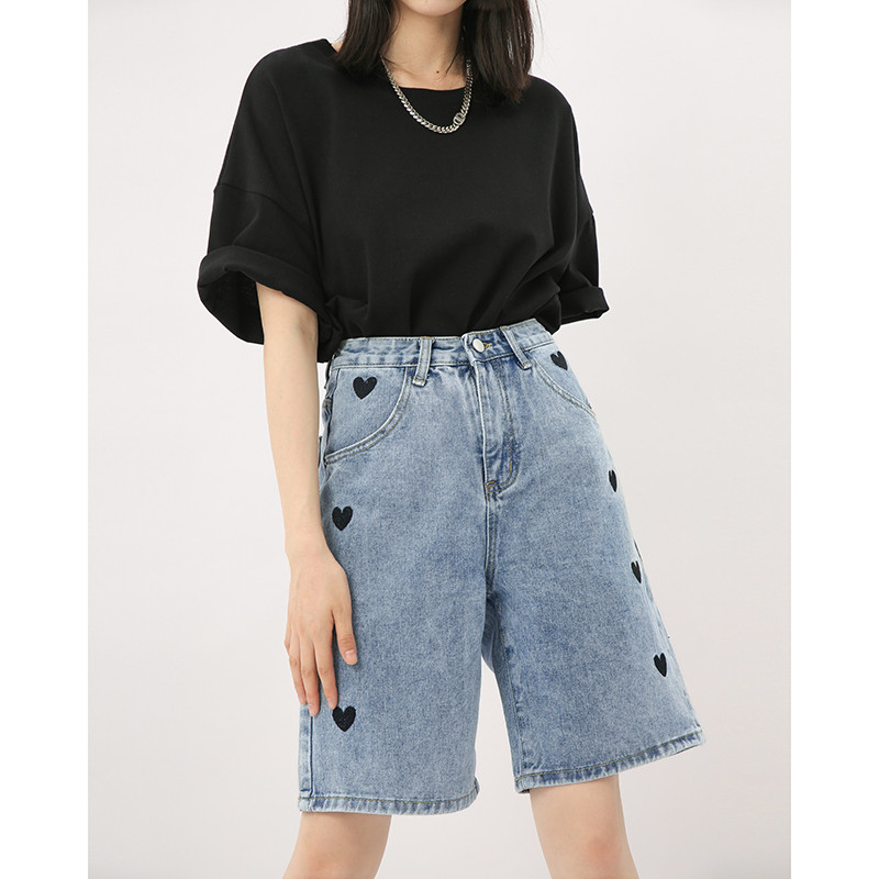 2022 m. Nauji vasariniai moteriški džinsiniai šortai su aukštu juosmeniu plačiomis kojomis Laisvalaikiai, tiesūs trumpi džinsai Įvairios kelnės Korėjos mados gatvės drabužiai