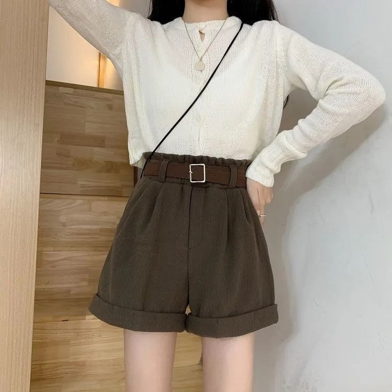Moteriški šortai, elastingas juosmuo Tvirtas madinga korėjietiško stiliaus moteriška Paprasta minkšta laisvalaikio gatvės apranga Visi atitinka elegantišką koledžo rudenį