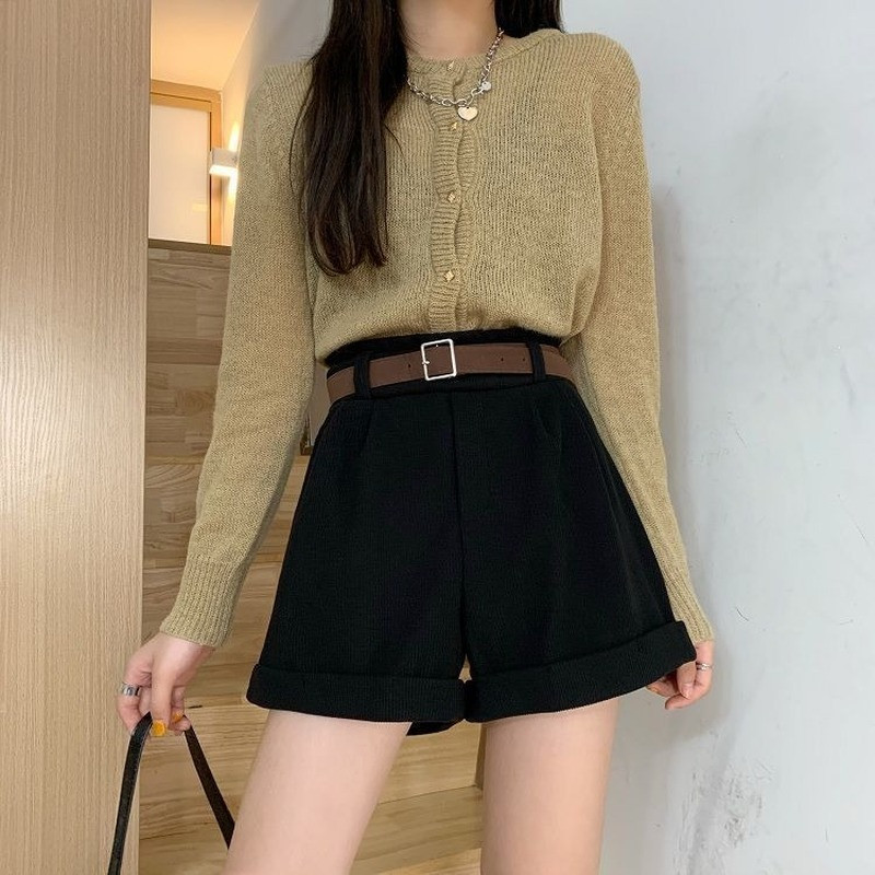 Moteriški šortai, elastingas juosmuo Tvirtas madinga korėjietiško stiliaus moteriška Paprasta minkšta laisvalaikio gatvės apranga Visi atitinka elegantišką koledžo rudenį