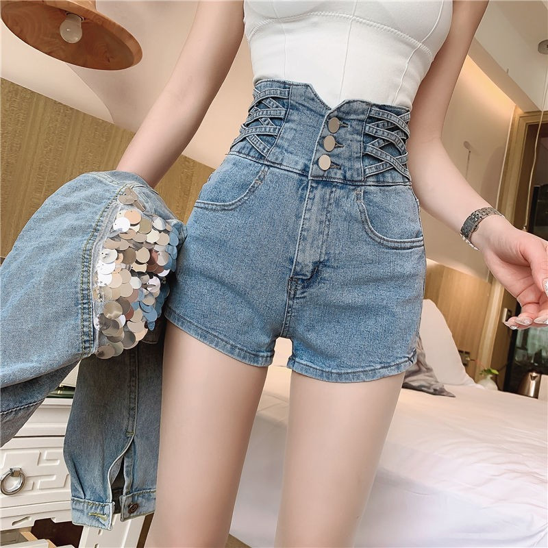 Moteriški džinsai, 2021 m. vasara, naujas tinklinis raudonas korėjietiškas aukšto juosmens dizaino, prigludęs krepšys, platus klubų moteriškas šortas