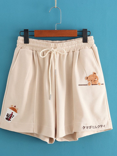 Rajzfilm Medve Hímzés Pamut rövidnadrág Női Nyári Ruházat Édes Stílus Kawaii Lányok Aranyos Rövid nadrág Alsó húzózsinór