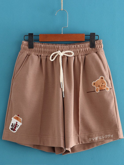Rajzfilm Medve Hímzés Pamut rövidnadrág Női Nyári Ruházat Édes Stílus Kawaii Lányok Aranyos Rövid nadrág Alsó húzózsinór