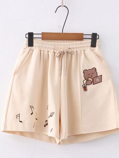 Rajzfilm Medve Hímzés Pamut rövidnadrág Női Nyári Ruházat Édes Stílus Kawaii Lányok Aranyos Rövid nadrág Alsó húzózsinór
