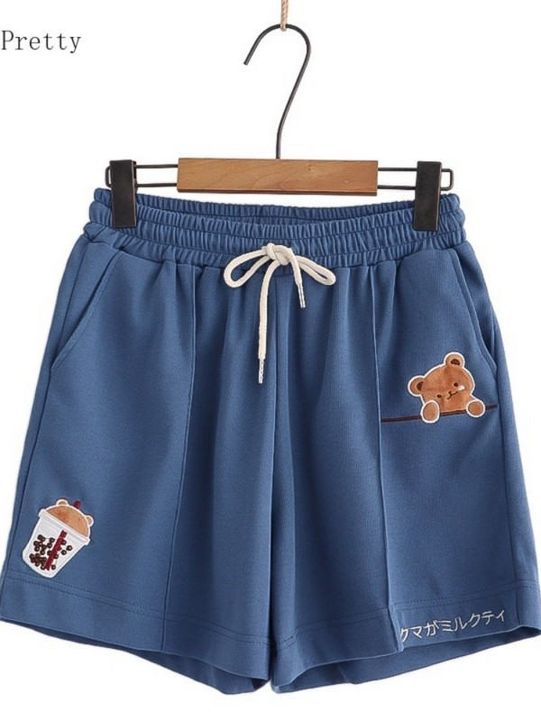 Rajzfilm Medve Hímzés Pamut rövidnadrág Női Nyári Ruházat Édes Stílus Kawaii Lányok Aranyos Rövid nadrág Alsó húzózsinór