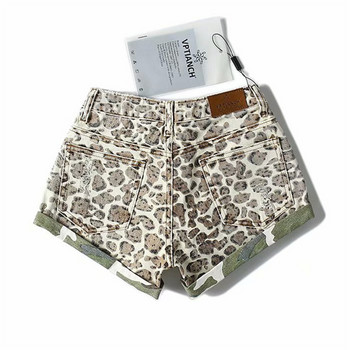 Leopard print τζιν σορτς Γυναικείο τρύπα τσέπη Ψηλόμεσο Τζιν σορτς Streetwear Καλοκαιρινή μόδα Φαρδύ φαρδύ πόδι Κοντό παντελόνι Τζιν